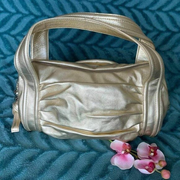 Sergio Rossi Italy Shoulder Bag Gold Baguette Handbag Charm Leather Purple Linin - Picture 2 of 7